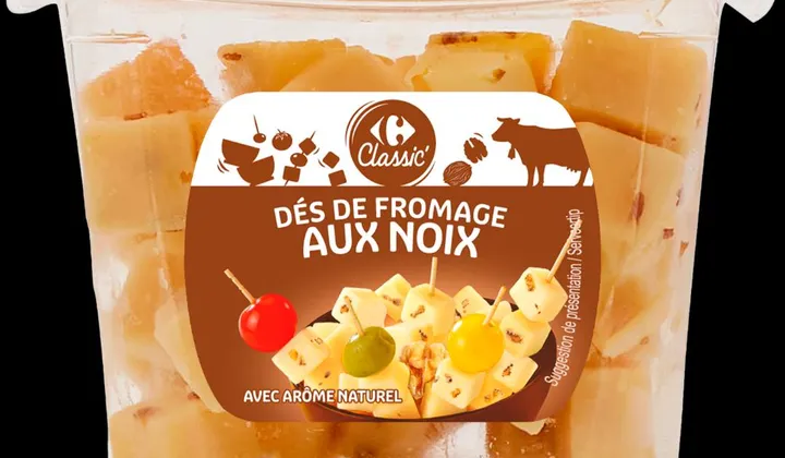 Illustration du rappel ALERTE : dés de fromage au noix 150g carrefour classic - détection de listéria monocytogènes <10 ufcg