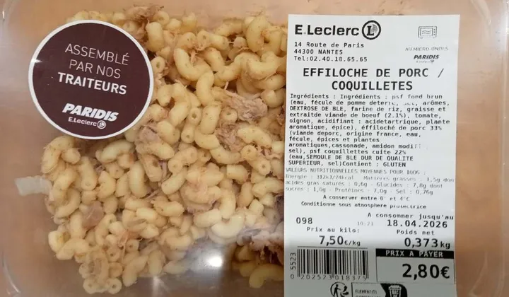 Illustration du rappel 🚨 ALERTE RAPPEL : Effiloché de porc et coquillettes (sans marque) - Erreur de DLC et défaut d'étanchéité